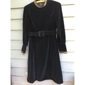 Vintage Black Velvet Dress Goth Victorian Party with Belt Beaded Trim High Neck